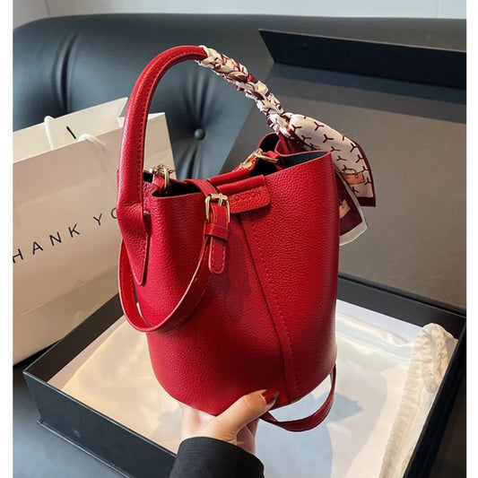 Women’s PU Leather Bucket Crossbody Bag  - red - Maison Novaire
