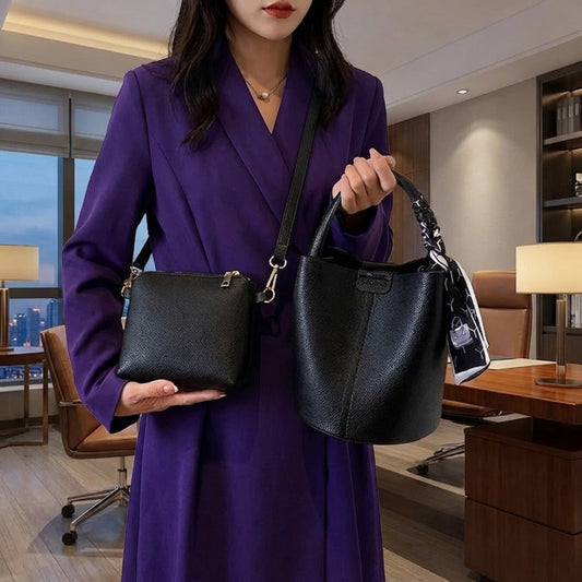 Women’s PU Leather Bucket Crossbody Bag  - black - Maison Novaire