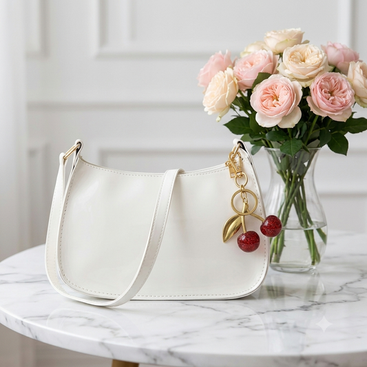 Women’s PU Leather Cherry Pendant Shoulder Bag  - white - Maison Novaire