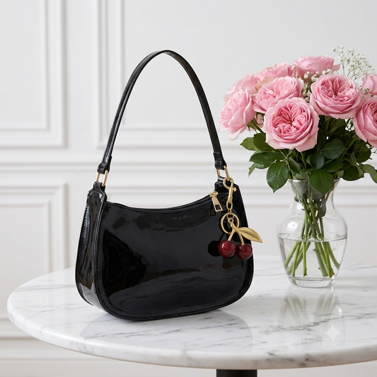 Women’s PU Leather Cherry Pendant Shoulder Bag  - black - Maison Novaire