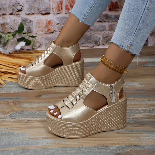 Women’s Summer Wedges Sandals – Sexy Peep Toe Platform Heels  - Gold / 36 - Maison Novaire
