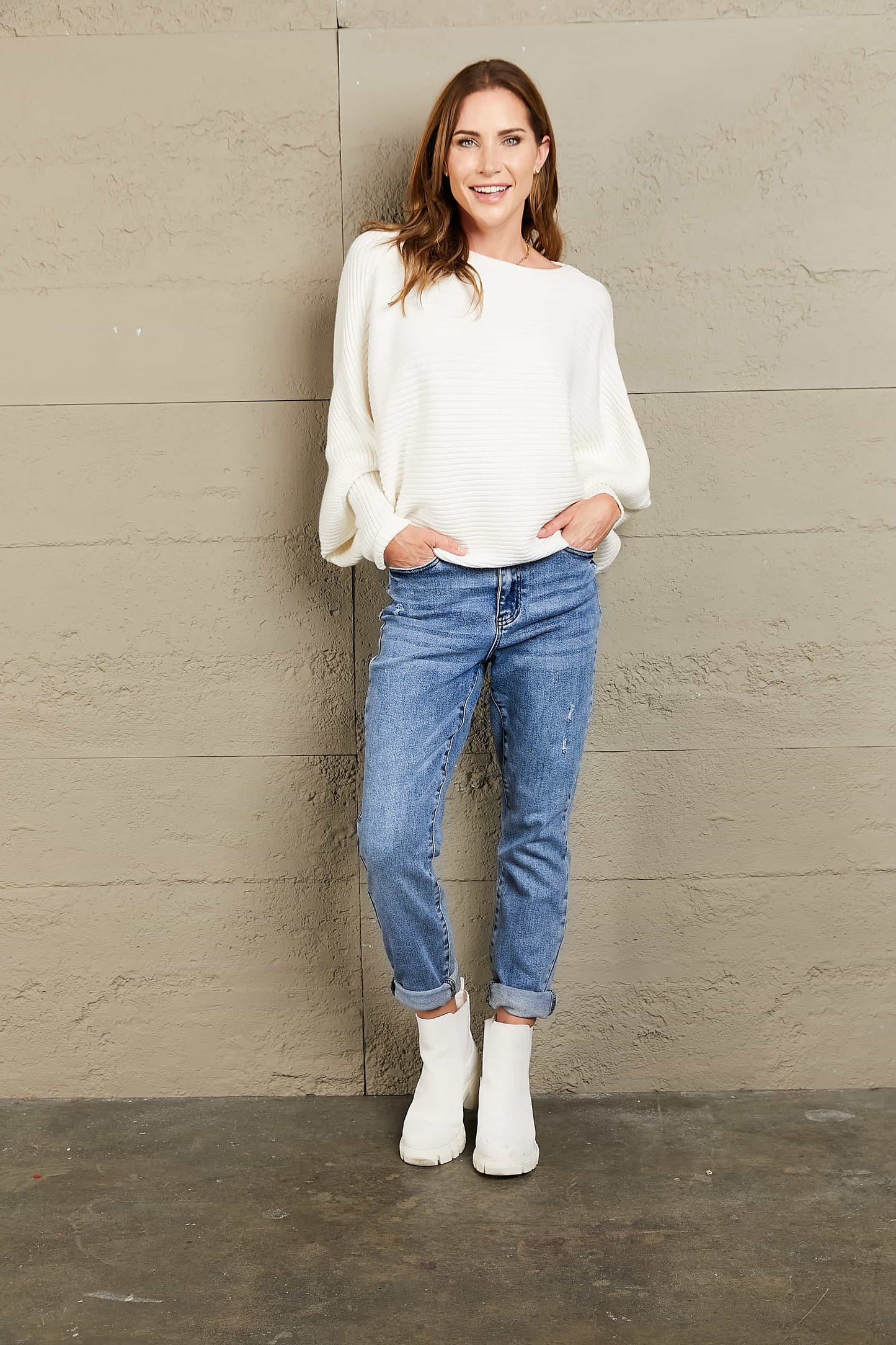 Woven Right Horizontal Ribbing Dolman Sleeve Sweater. - Maison Novaire