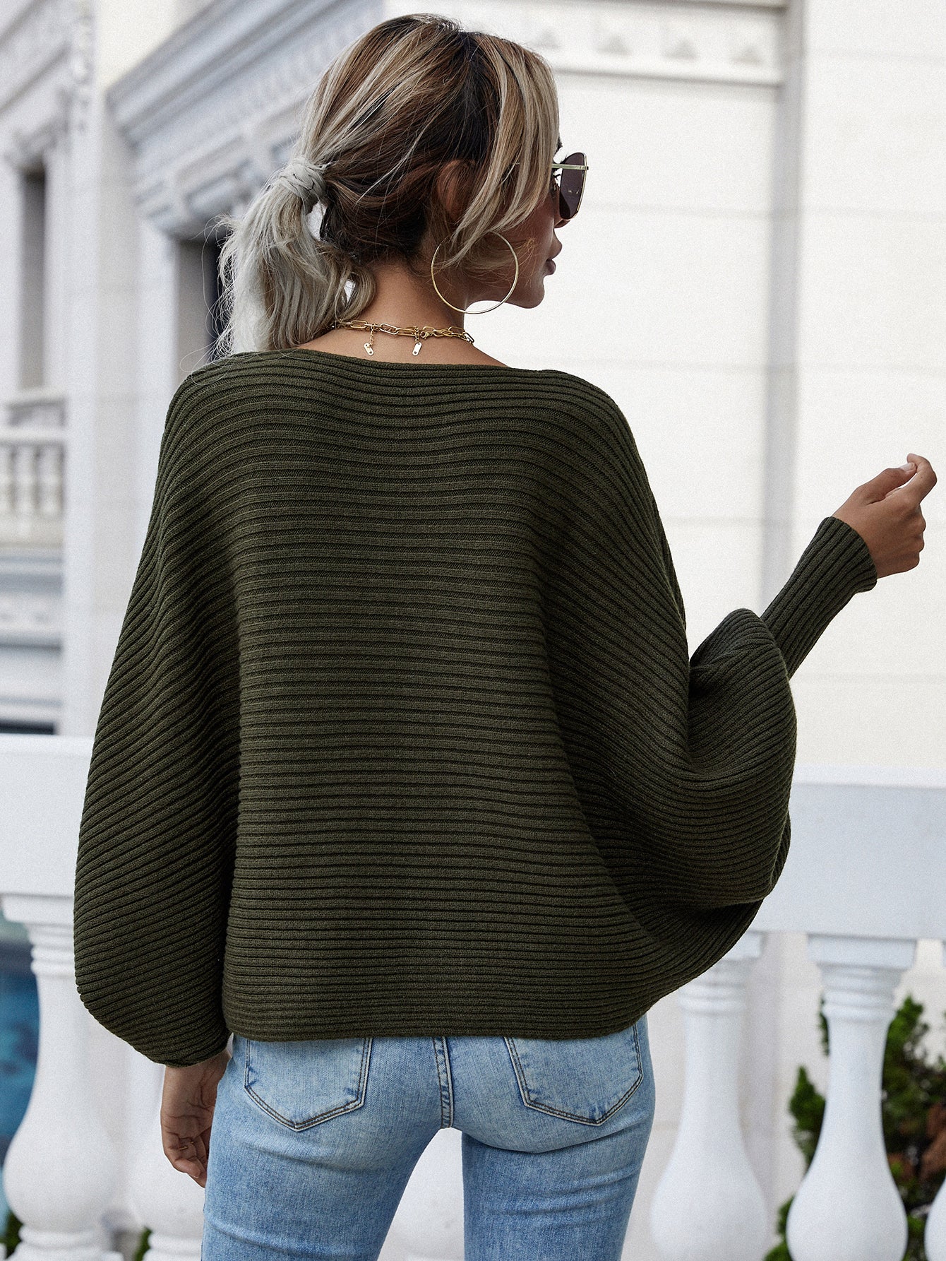 Woven Right Horizontal Ribbing Dolman Sleeve Sweater. - Maison Novaire