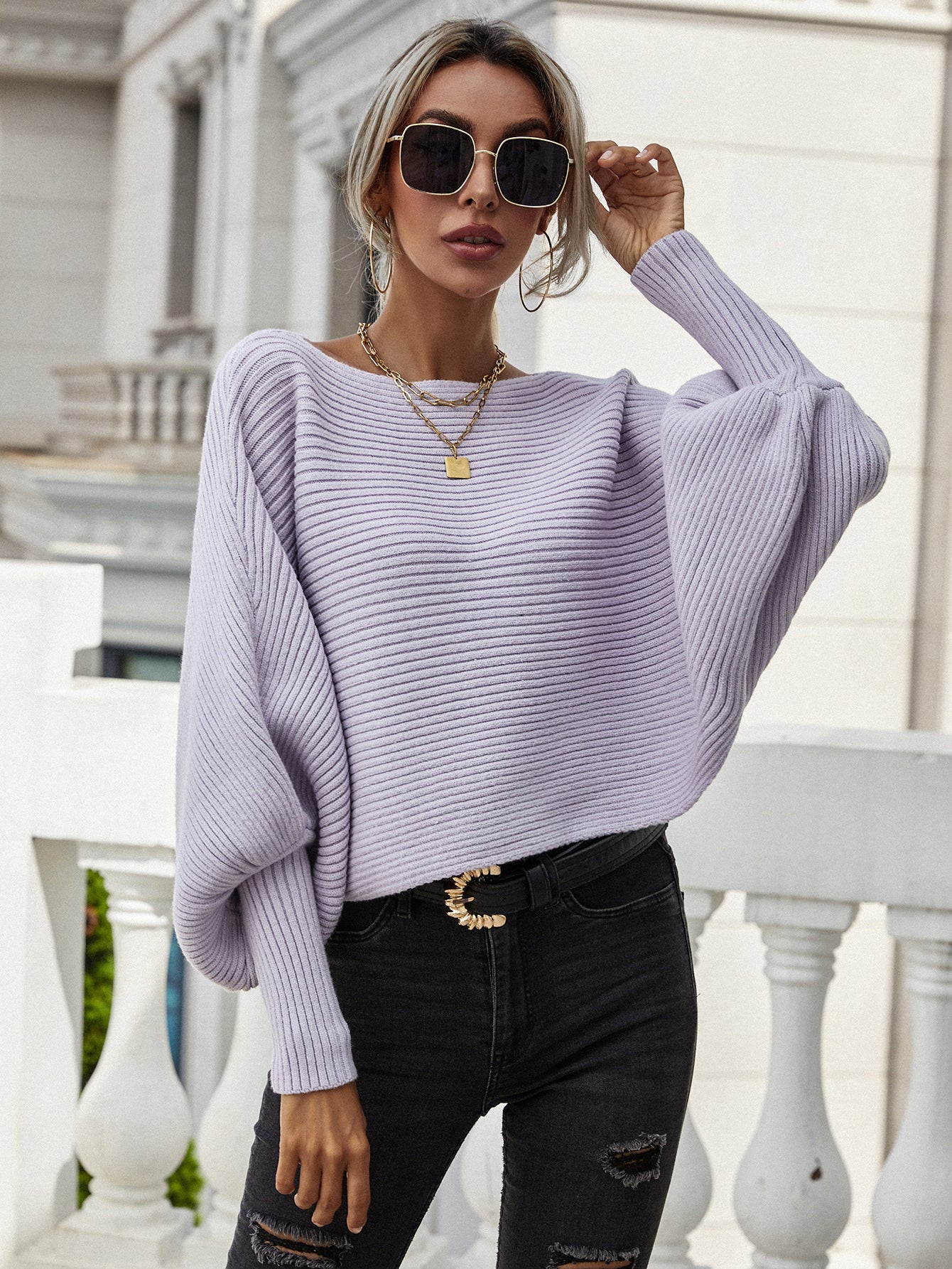 Woven Right Horizontal Ribbing Dolman Sleeve Sweater. - Maison Novaire