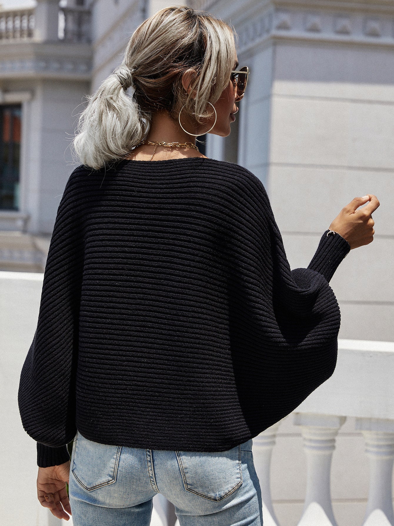 Woven Right Horizontal Ribbing Dolman Sleeve Sweater. - Maison Novaire