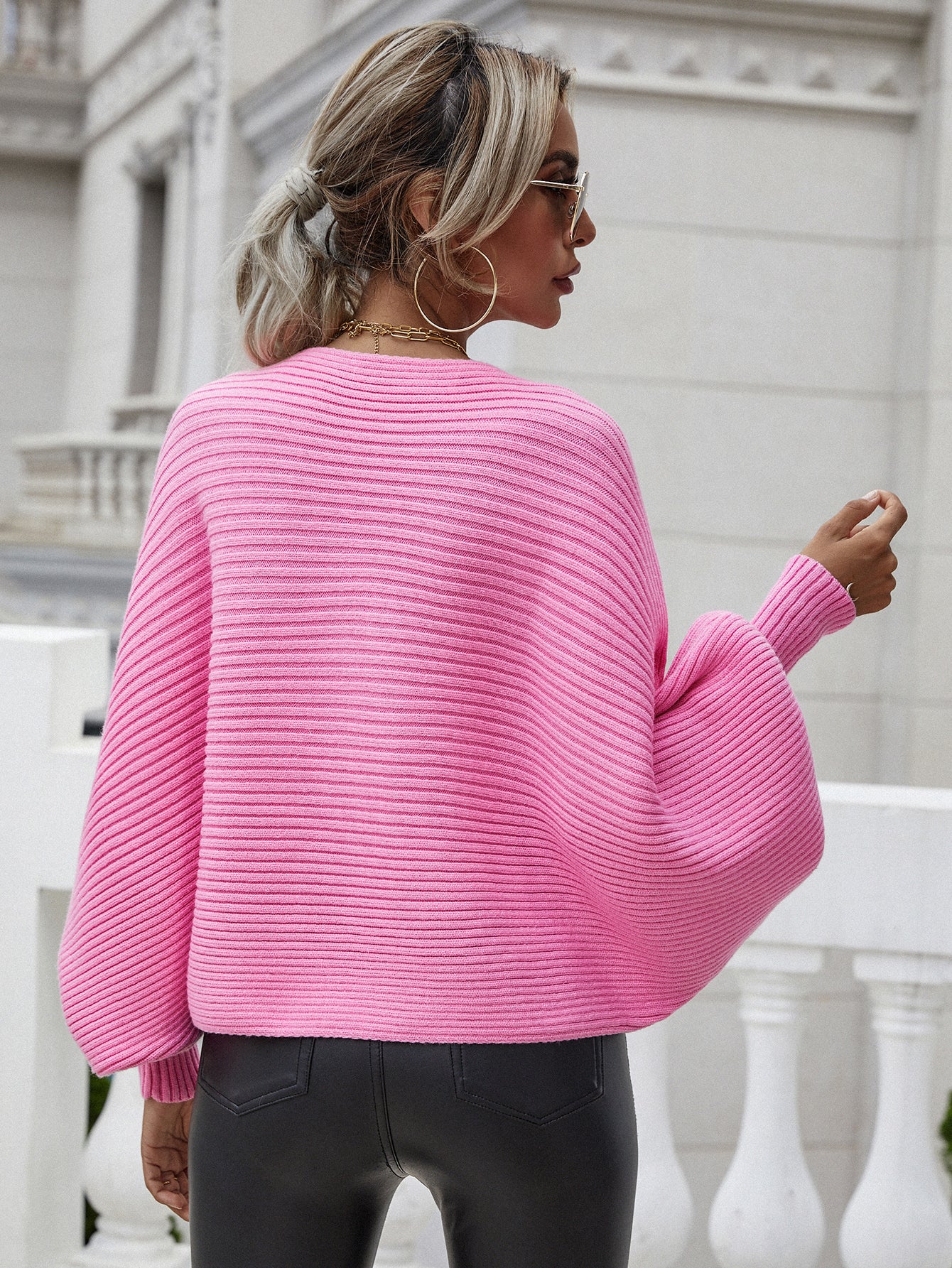 Woven Right Horizontal Ribbing Dolman Sleeve Sweater. - Maison Novaire