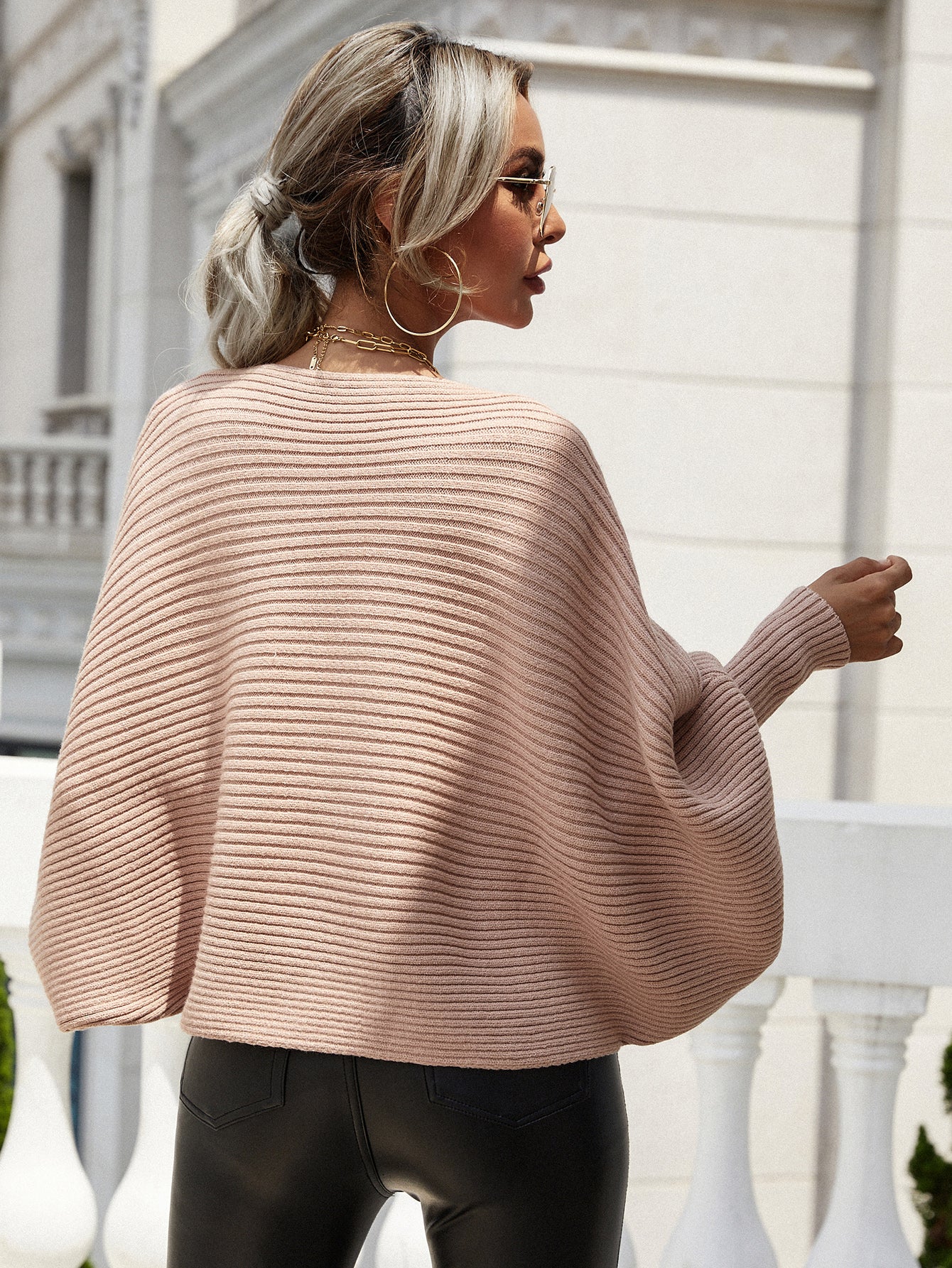 Woven Right Horizontal Ribbing Dolman Sleeve Sweater. - Maison Novaire