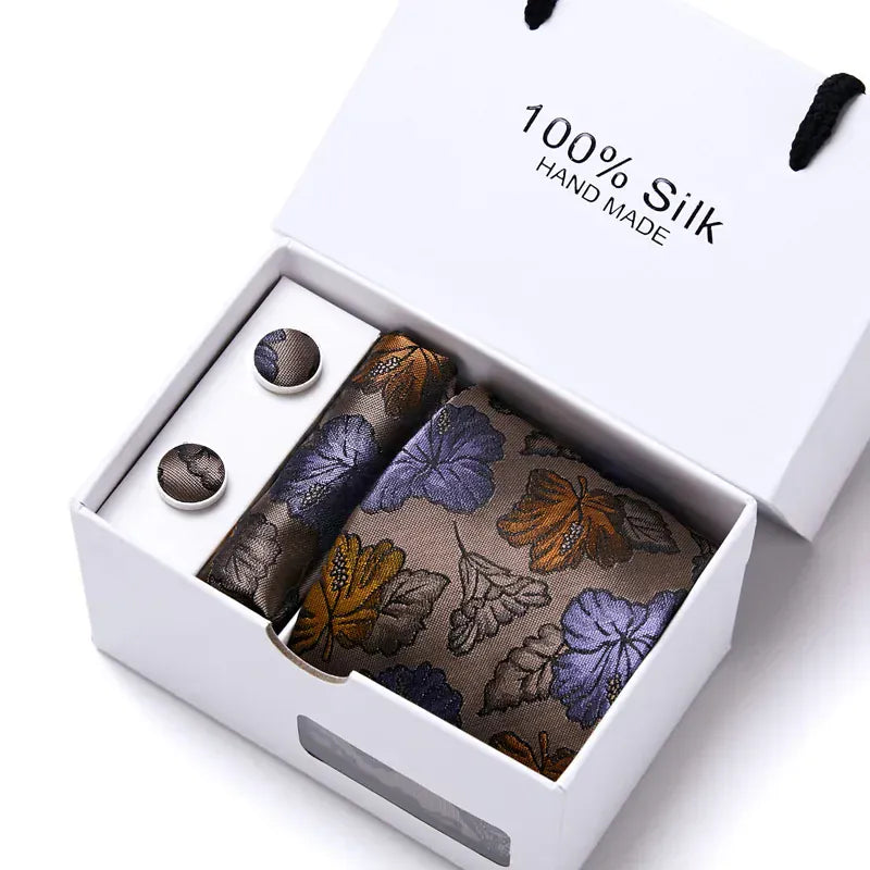 BLAKESTORE-NG Necktie SB198 100% Silk Striped Floral Tie Set with Handkerchief | 7.5cm Men’s Luxury Necktie Gift Box for Wedding Business Party