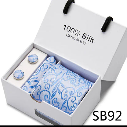 BLAKESTORE-NG Necktie SB92 100% Silk Striped Floral Tie Set with Handkerchief | 7.5cm Men’s Luxury Necktie Gift Box for Wedding Business Party