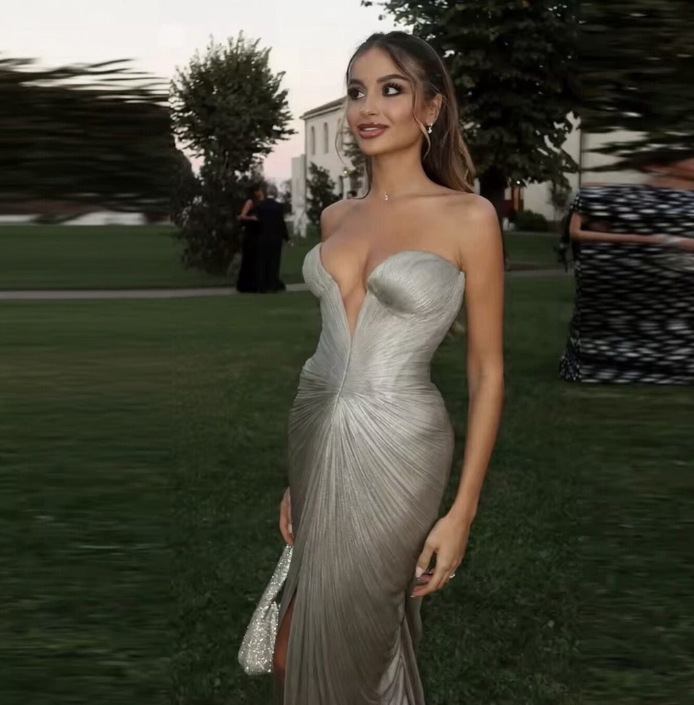 Mermaid glitter satin evening gown from Maison Novaire